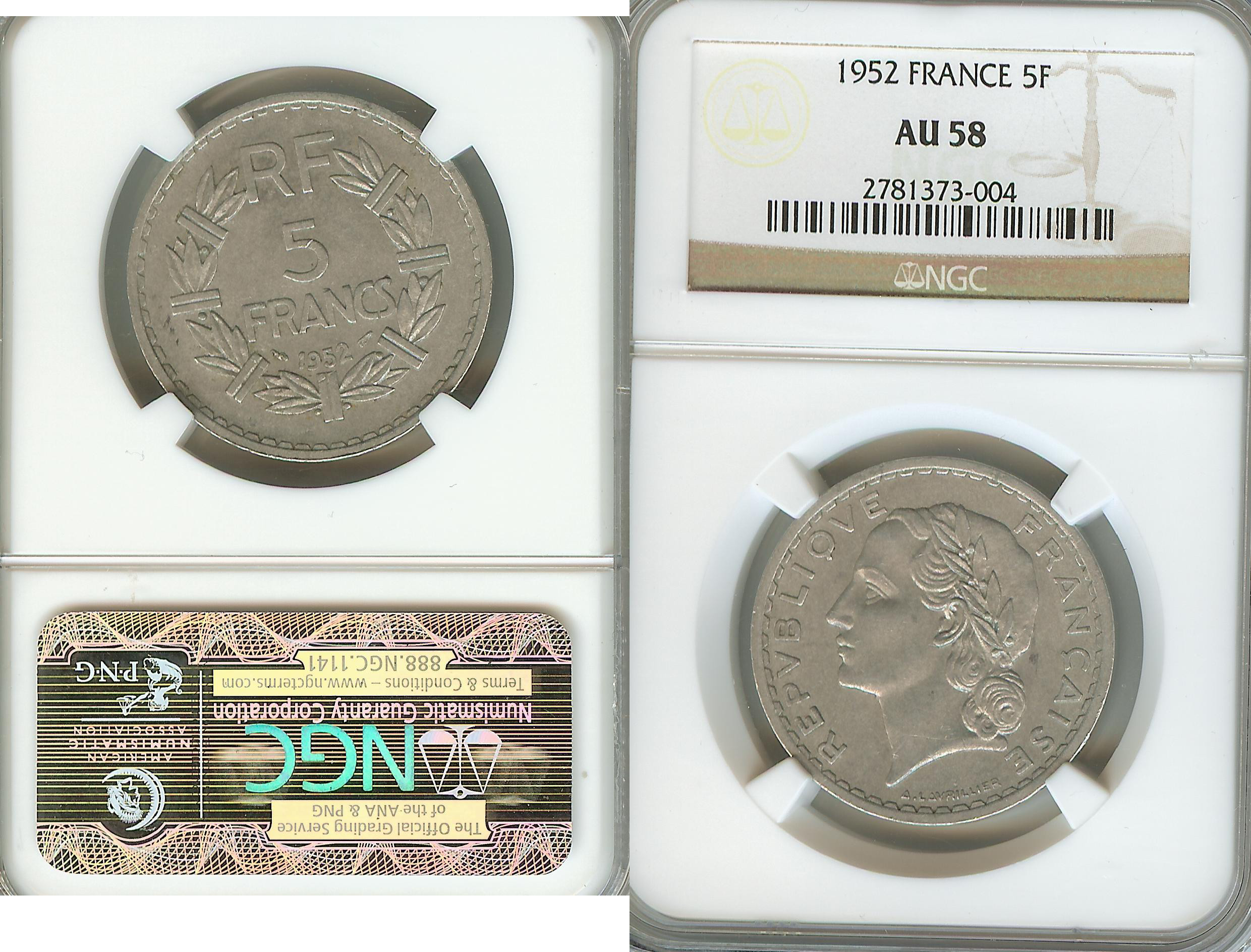 France 5 Francs 1952 NGC AU58